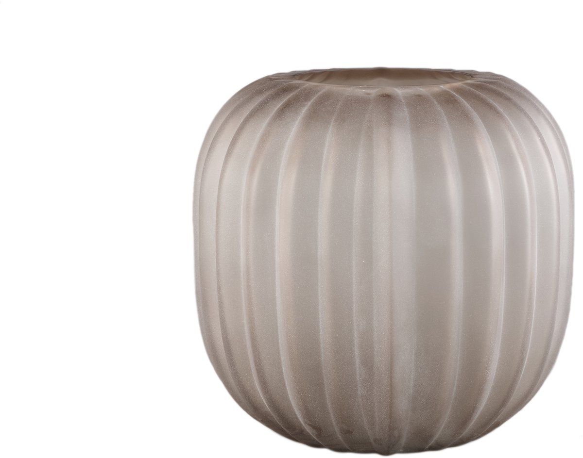 PTMD Levente Sand Carved Glass Round Vase Ribbed Low Beige