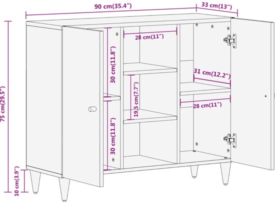 vidaXL Bijzetkast 90x33x75 cm massief mangohout - Grote Kadoshop