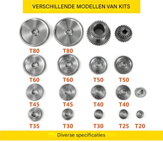 Diverse metalen tandwielen met specificaties zoals T80, T60, T50, T45, T40, T30, T25, T20.