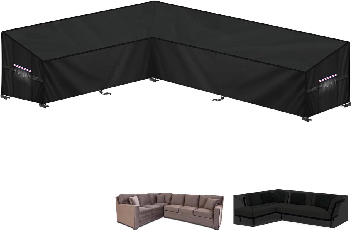 Famanu Tuinmeubelhoes L-Vorm Afdekhoes voor Tuinmeubelen Waterdichte Rotan Hoekbankhoes Buiten Tuinbankhoes Lounge Afdekking Beschermhoes voor Hoekbank met Ventilatieopeningen, 190x280x90x80/60cm zwart
