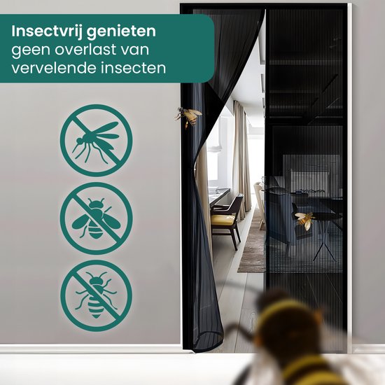 Een vlieg en bijen worden geweerd door een zwarte deurhor.