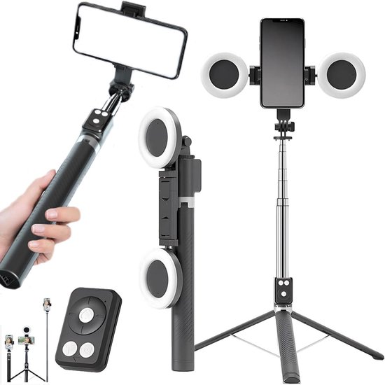 Bluetooth Selfie Stick 6-in-1 - Tik Tok - Selfiestick - Statief - Universeel - Fill Light - Tripod - licht - Met afstandsbediening - Geschikt voor Samsung & iPhone - Dubbele verlichting