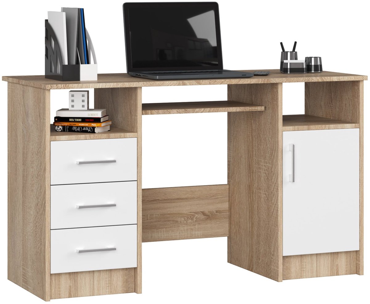 Bureau ANA met 3 Laden / Computerbureau / Computer Tafel / Bureautafel / Sonoma Eik - Wit / 124 x 77 x 52 cm