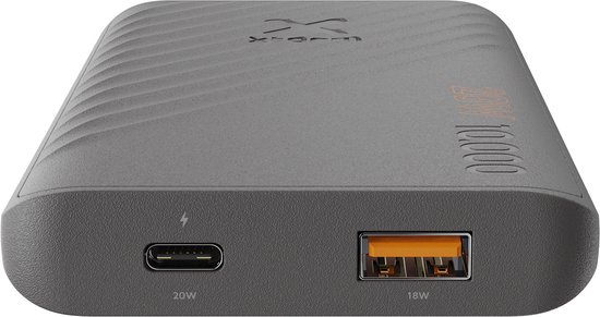 Grijze powerbank met golvend patroon, 10.000mAh, USB-C (20W) en USB-A (18W) poort.