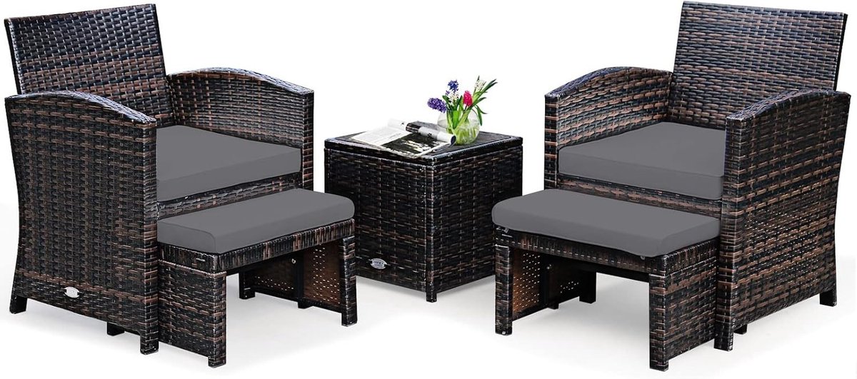 Ruimtebesparende rotan tuinmeubelset voor balkon met 2 stoelen en krukken