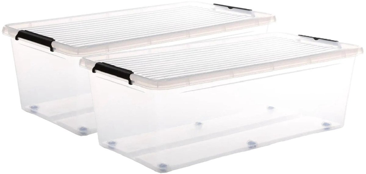 5Five® 5Five opberg kist met deksel - 2x - Clip Box - 55 liter - 76 x 39 x 25 cm - kunststof - transparant - met wielen