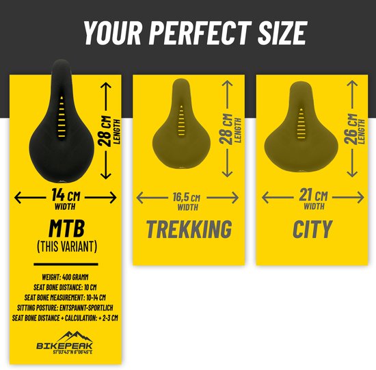 Drie BikePeak zadels: MTB (28x14cm), Trekking (28x16.5cm) en City (26x21cm).