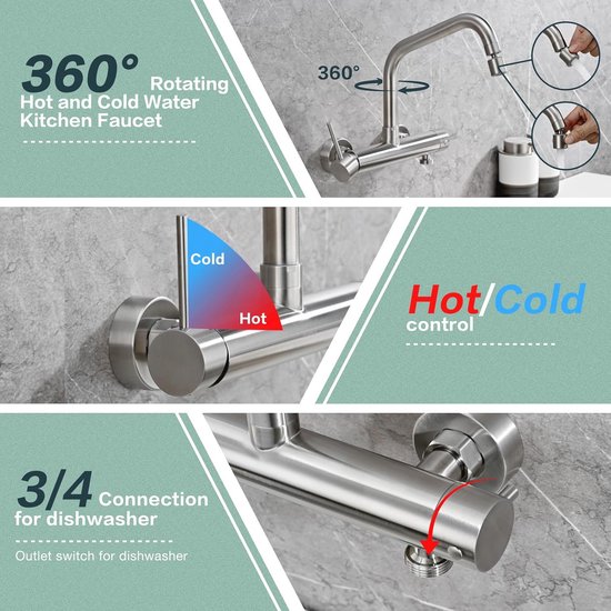 BAITUJIE Wandgemonteerde keukenkraan met 3/4 inch aansluiting voor vaatwasser/wasmachine, wandgemonteerde keukenkraan met 360° flexibele uitloop, mengkraan met 2 sproeimodi, matzwart BAITUJIE Wandgemonteerde keukenkraan met 3/4 inch aansluiting voor vaatwasser/wasmachine, wandgemonteerde keukenkraan met 360° flexibele uitloop, mengkraan met 2 sproeimodi, matzwart