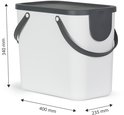 Witte afvalbak van 25 liter met donkergrijs deksel en handvatten. Afmetingen zijn 400 mm breed, 340 mm hoog en 235 mm diep.