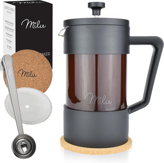Cafetière à piston Milu | 350ml, 600ml, 1L | Cafetière à piston en Verres pour la maison, les Voyages et le Camping - Sous-verre, cuillère et filtre de rechange inclus - Cafetière à piston (350 ml)