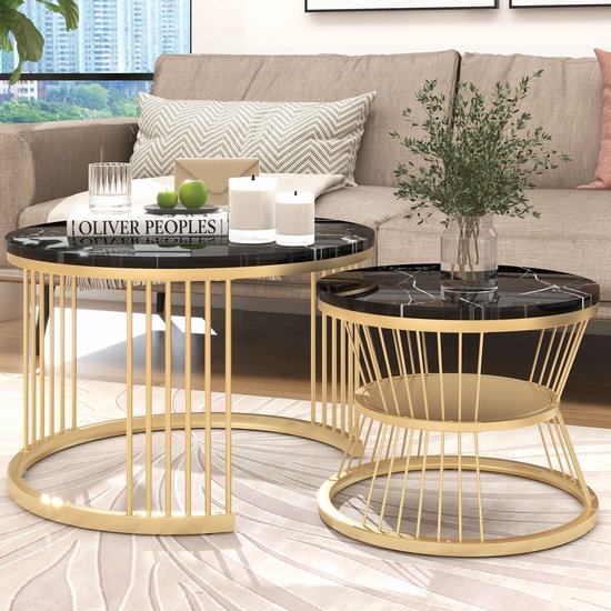 Set de 2 tables basses rondes 70/45 cm, table basse à pieds multiples, plateau motif marbre, pieds en métal doré, convient pour salon, salle à café, séjour - Zwart Goud