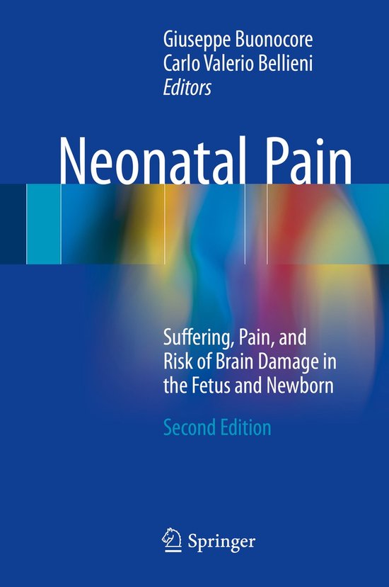 Couverture de livre bleue intitulée Neonatal Pain avec des reflets colorés abstraits. Logo Springer en bas.