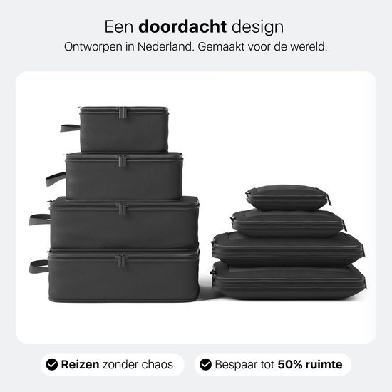 Een zwarte ONYX packing cube set, opgedeeld in een hoge en een lage stapel, naast elkaar.