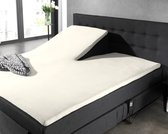 Verstelbaar creme splittopper hoeslaken op een donkergrijs boxspringbed.