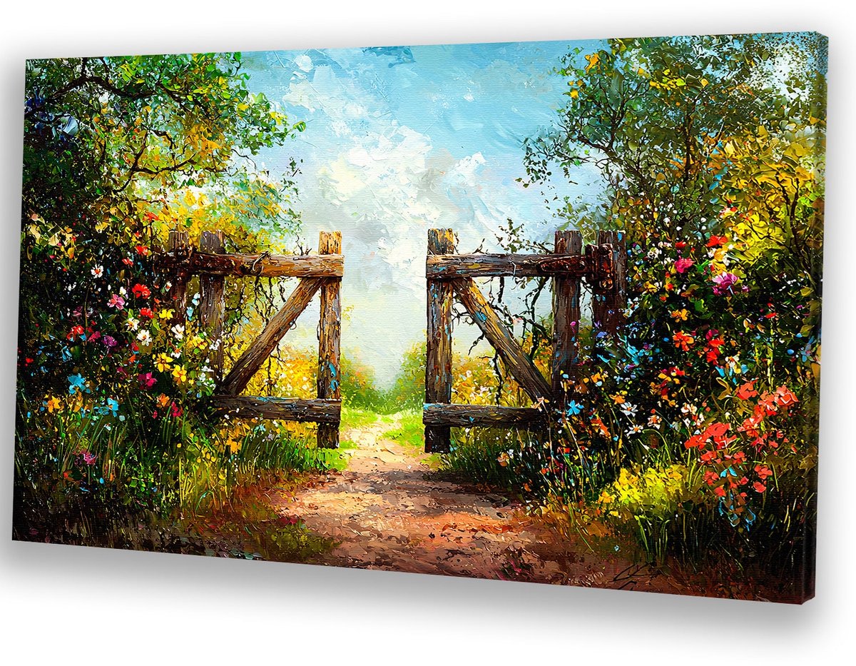 Bloemenpad met houten tuinpoort - Poort muurdecoratie - Canvas schilderijen bloemen - Impr
