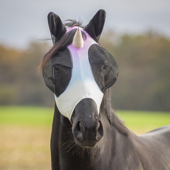 Zwart paard met een vluchtkap in unicorn-stijl met roze, paarse en blauwe pastelkleuren en een witte hoorn.
