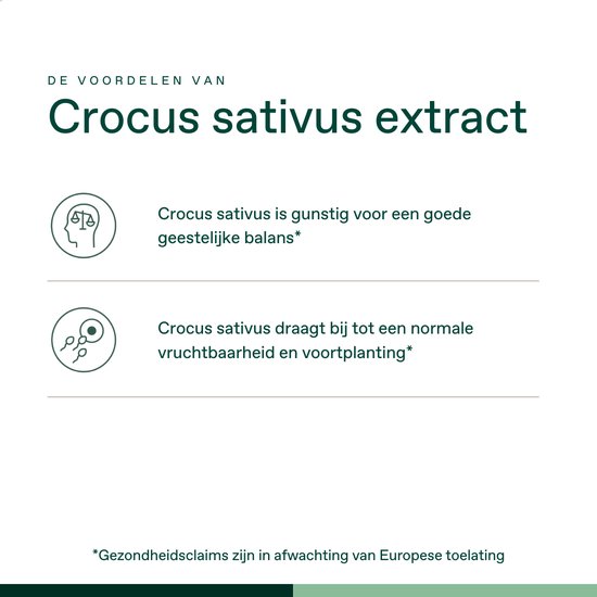 Iconen en tekst met "Crocus sativus is gunstig voor een goede geestelijke balans" en "Crocus sativus draagt bij tot een normale vruchtbaarheid".