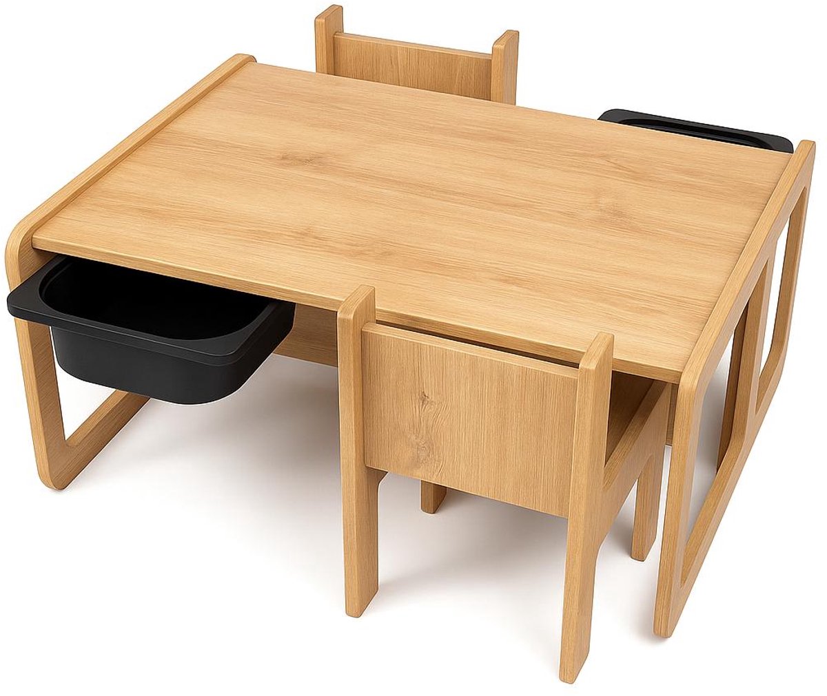 Industrial living kindertafel met 2 zwarte opberglades - Speeltafel met 2 kinderstoelen - Kinderbureau - Activiteitentafel - Speeltafel - Hout - Walnoot