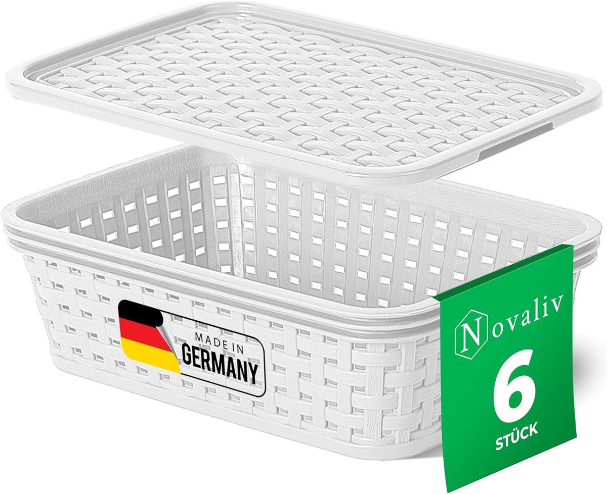 Novaliv set van 6 opbergdozen met deksel, mini 1L mand, wit in rotan design, voedselveilige opbergmand, stapelbare dozen, nestbare kunststof, BPA-vrije doos, stofbakken met deksel