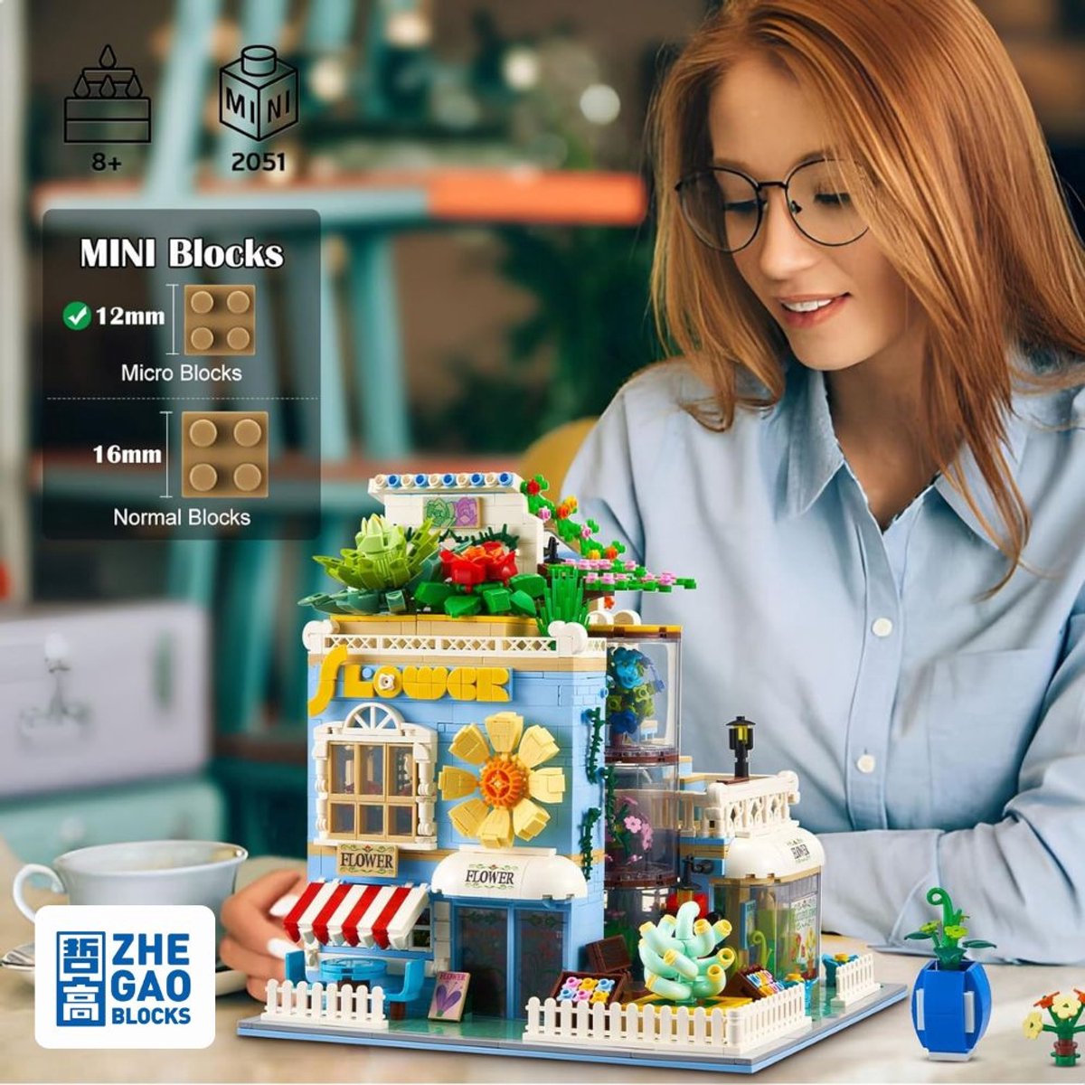 Zhe Gao DZ6120 Classic Bloemen winkel bouwset incl. 4 minifigures | City Achitecture Adventure Modelbouw | Educatief Creator speelgoed bouwpakketten voor kinderen & volwassenen | Niet compatibel met lego friends | Bouwdoos met 2091 bouwstenen — afbeelding 5