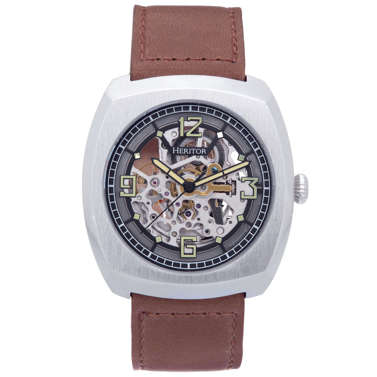 Heritor Automatic Gatling Skeletonized Leather-Band Horloge - Zilver-Lichtbruin
