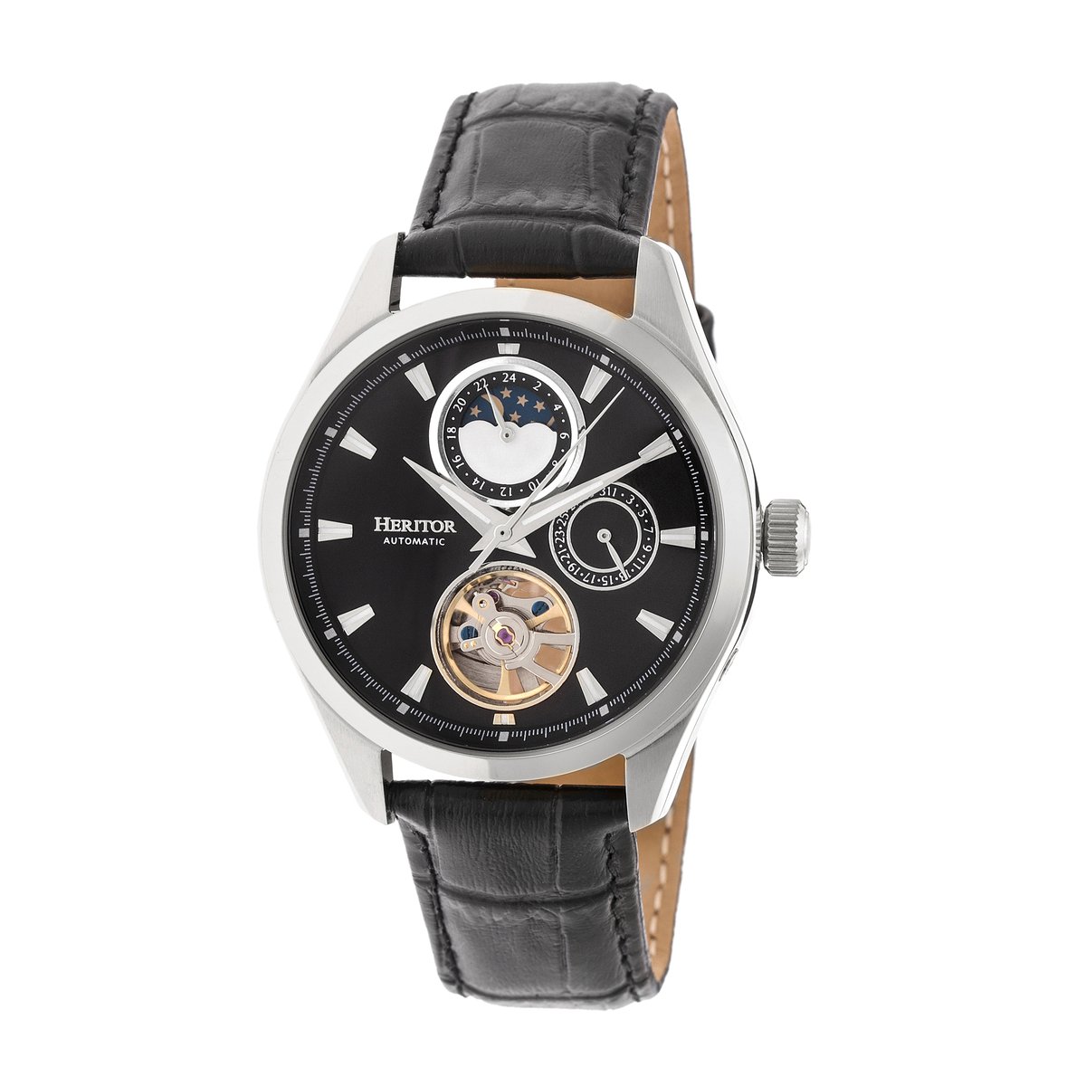 Heritor Automatic Sebastian Semi-Skeleton Horloge met Leren Band - Zilver-Zwart