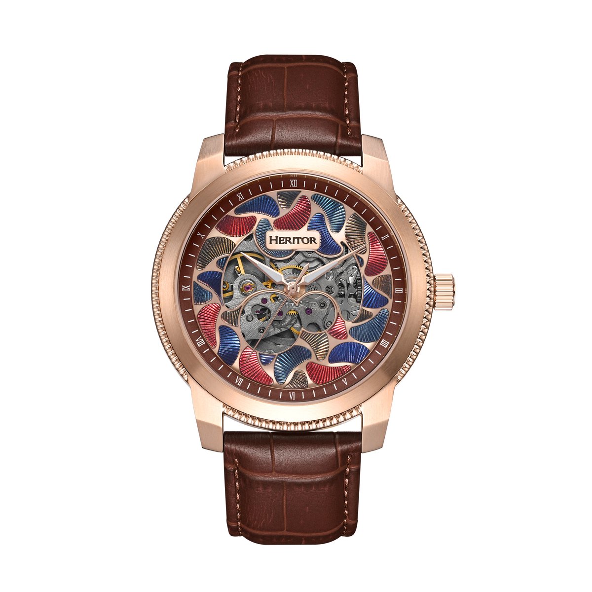 Heritor Automatic Emmanuel Semi-Skelet leren band horloge - Roségoud-bruin