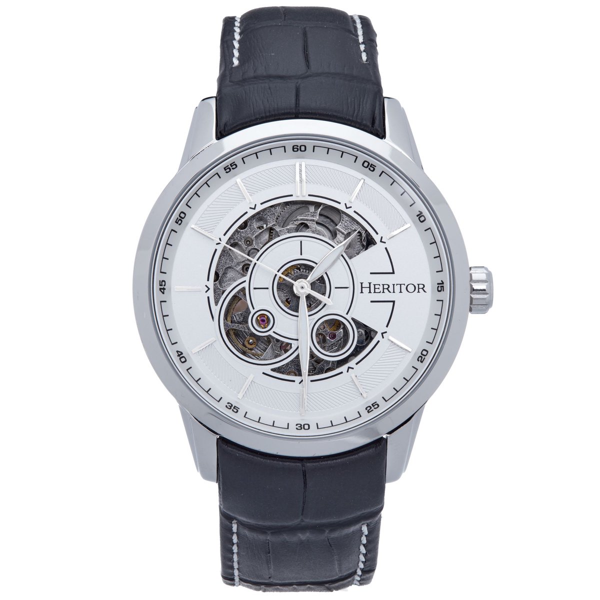 Heritor Automatic Davies Semi-Skeleton Horloge met Leren Band - Zilver-Wit
