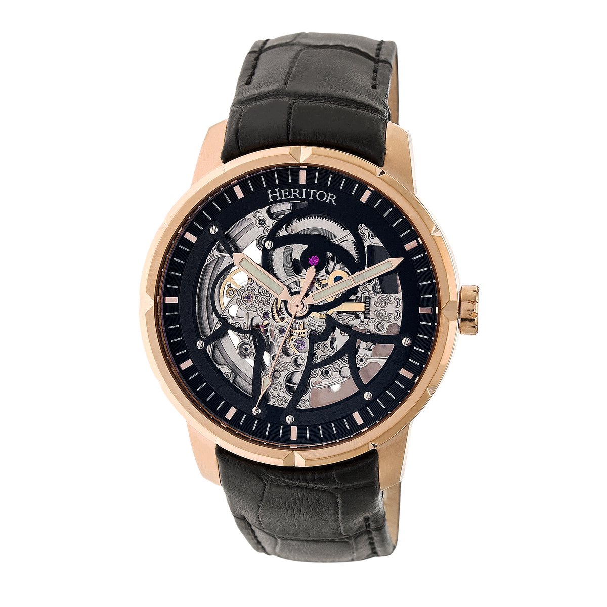 Heritor Automatic Ryder Skeleton leren band horloge - Zwart-Roségoud