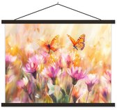 Posterhanger incl. Poster 60x45 cm - Schoolplaat - Vlinders - Oranje - Bloemen - Textielposter - Zwarte latten