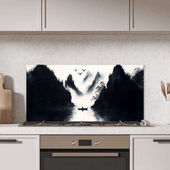 Spatscherm keuken 80x40 cm - Kookplaat achterwand Roeiboot - Mistig - Bergen - Vogels - Muurbeschermer - Spatwand fornuis - Hoogwaardig aluminium