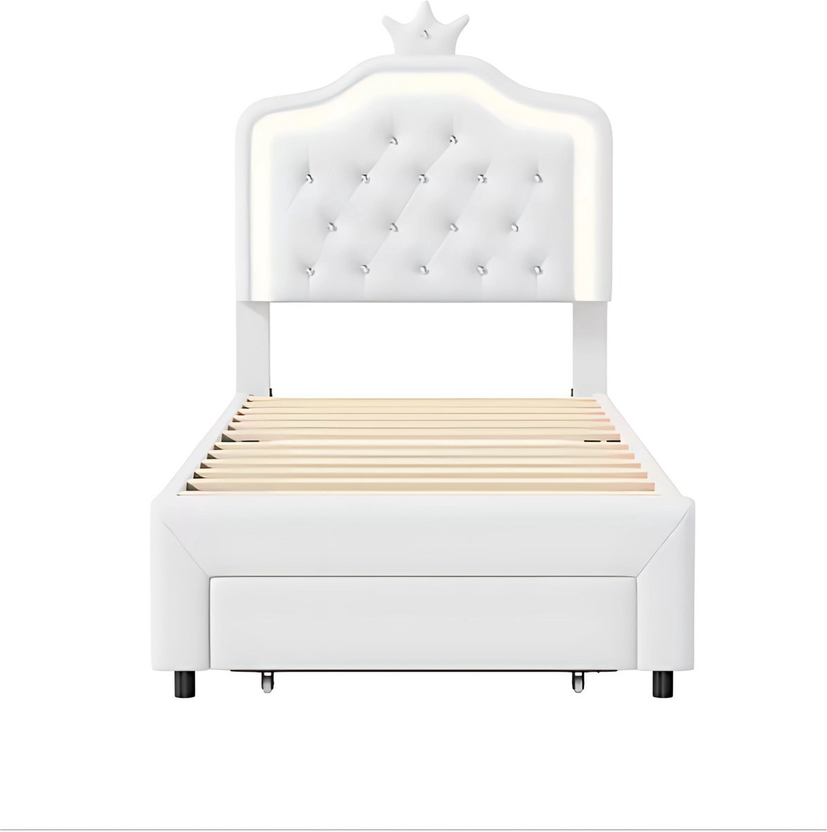 Bolt Edge Kinderbed voor meisjes - 90x200cm - Gestoffeerd bed met 1 lade - LED-verlichting en rugleuning - Eenpersoonsbed Wit