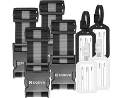 Noryx 8-delige Kofferriem en Kofferlabel set - 4x Kofferband & 4x Bagage Label - Kofferlabels - Bagageriem - Zwart/Wit