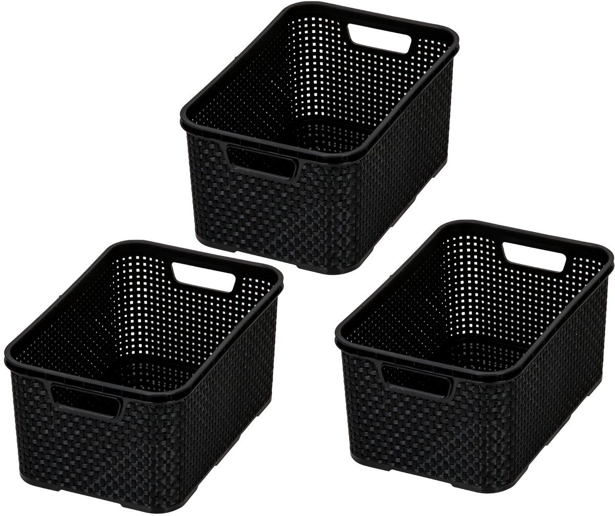 Unyqoos® Stijlvolle Mandenset in Rotan Look voor Diverse Opbergoplossingen, Set van 3, Maat M, BPA-vrij Kunststof, Zwart