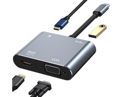 USB-C naar HDMI en VGA Adapter – Verloopstuk met USB 3.0 en USB-C Oplaadpoort – 4-in-1 – 4K Beeld – Geschikt voor: Laptop, Tablet en Apple MacBook