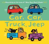 Boekomslag 'Car, Car, Truck, Jeep' met een rode en blauwe auto, een oranje vrachtwagen en een paarse jeep.