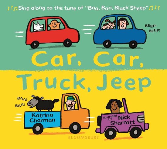 Boekomslag 'Car, Car, Truck, Jeep' met een rode en blauwe auto, een oranje vrachtwagen en een paarse jeep.