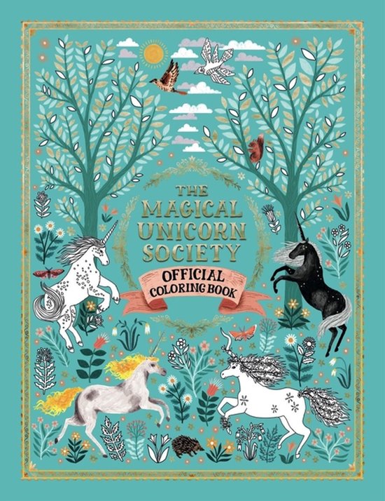 Officiële kleurboek The Magical Unicorn Society met vier eenhoorns, bomen, vogels en eekhoorn op een turquoise achtergrond.