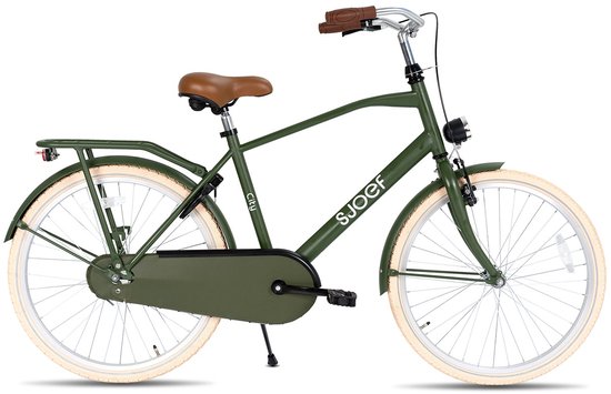 Vélo SJOEF City garçon vert foncé, 22 pouces, vu de face, avec selle et poignées marron.