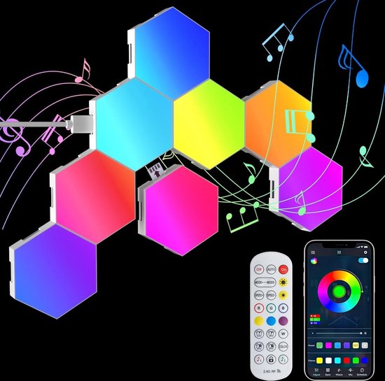 Lzwintrading Wandlamp Binnen - 8 Stuks Hexagon RGB Led-Paneel - Gaming Wandlamp Oplaadbaar - Smart LED met Afstandsbediening App Controle - Smart Led-Muziek, Sync, Lichtpanelen, Modulaire Lamp - Wandverlichting voor Woonkamer Slaapkamer Kinderkamer