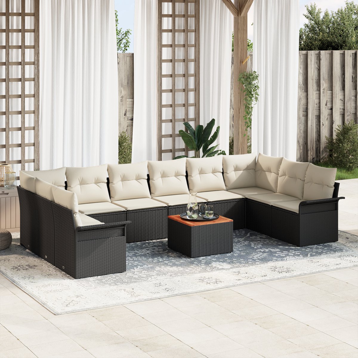 vidaXL - Tuinbank - Set - met - kussen - 11 - pcs - Zwart - poly - rattan