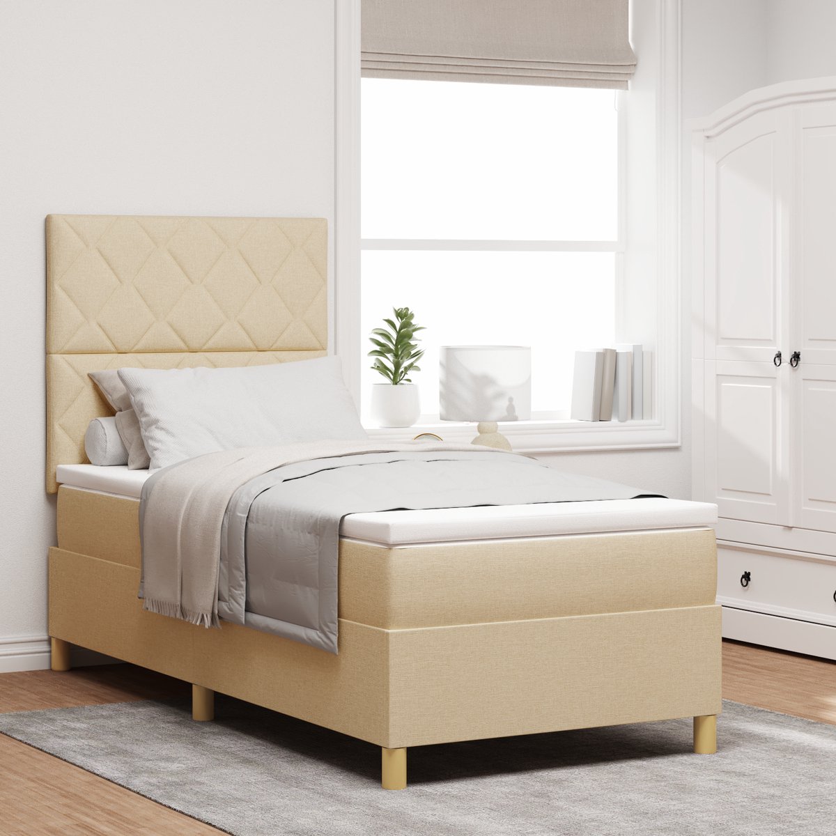 vidaXL Boxspring - bed - met - hoofdeinde - Crème - 100 - x - 200 - cm - Stof
