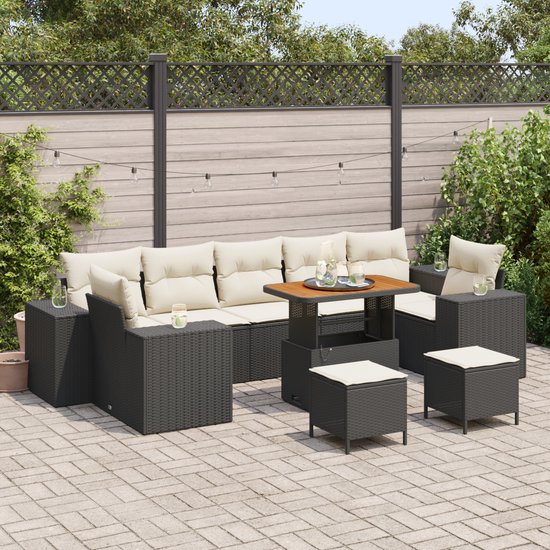 vidaXL - 10-delige - Tuinsalonset - met - Kussens - - - Zwart - Poly - Riet - en - Acacia