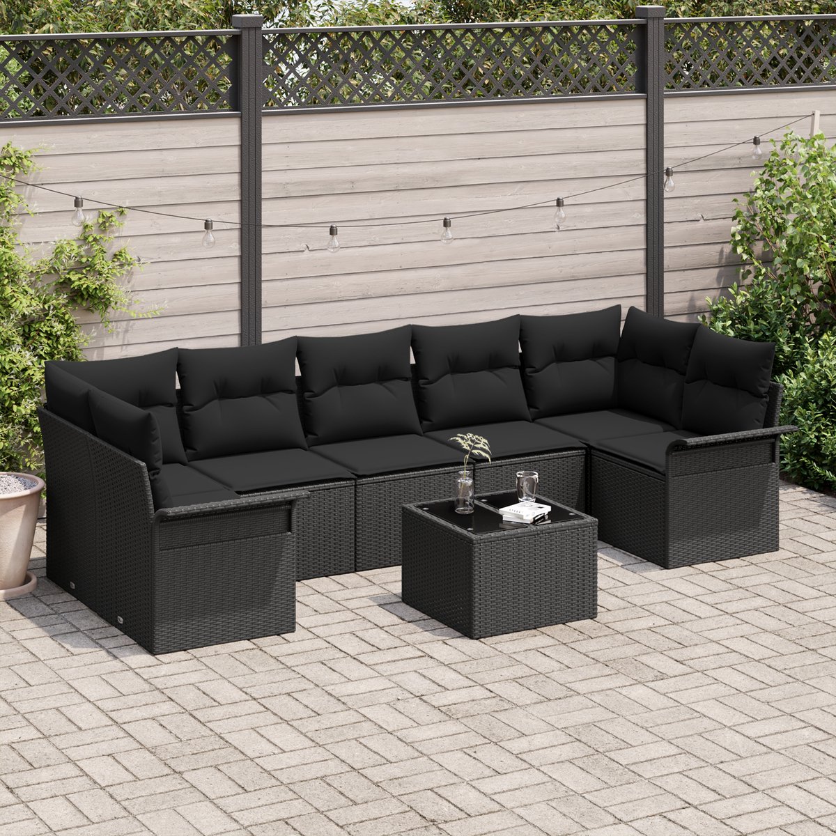 vidaXL - Tuinbank - Set - met - kussen - 8 - pcs - Zwart - poly - rattan