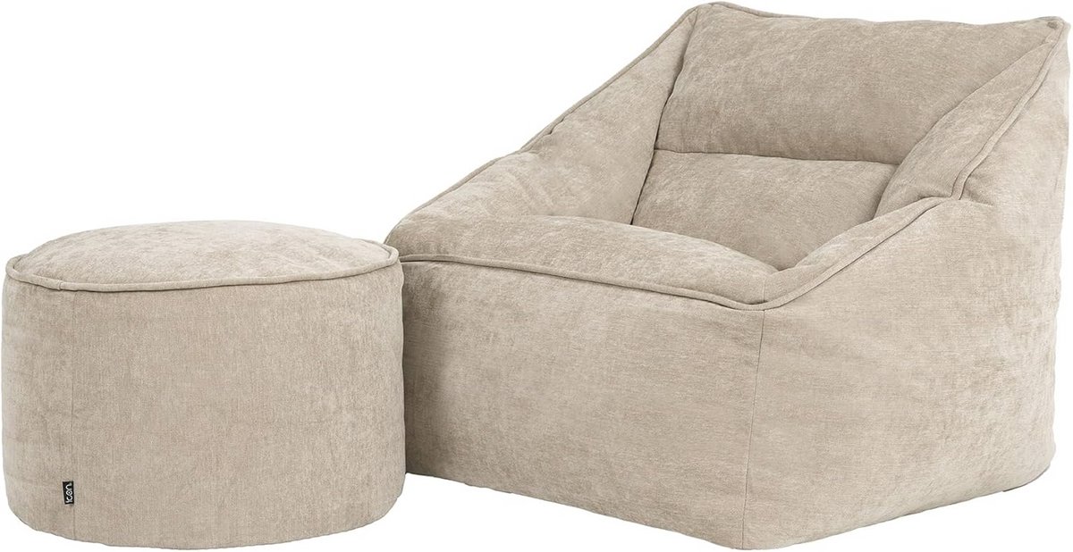 Beige Chenille Zitzakstoel met Hocker - Luxe Vloerstoel en Fauteuil voor Volwassenen