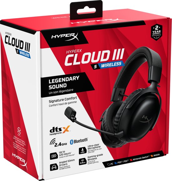 Verpakking van de HyperX Cloud III S Wireless gaming headset. De doos is rood en zwart met een afbeelding van de headset.
