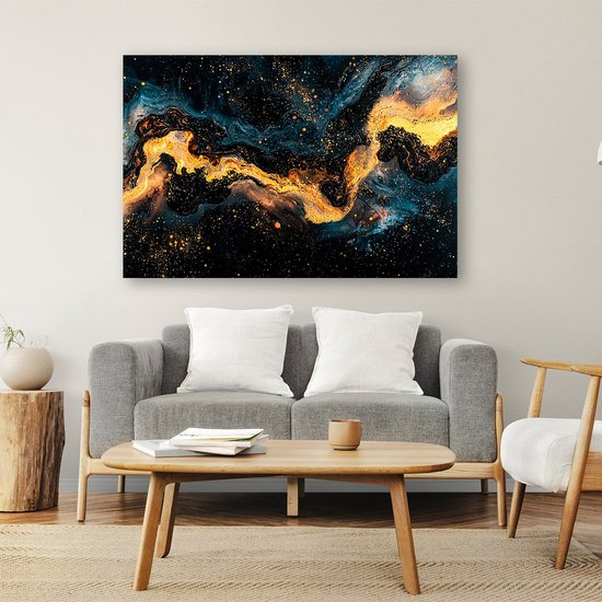 Gouden abstract kosmisch kunstwerk - Kosmos poster - Wanddecoratie sterren - Abstract expressionisme - Posters kunst - Wanddecoratie slaapkamer - poster 70x50 cm