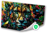 Kleurrijke cheeta met vlinders - Cheeta muurdecoratie - Muurdecoratie vlinders - Surrealistisch - Moderne posters - Slaapkamer accessoires - poster 100x70 cm
