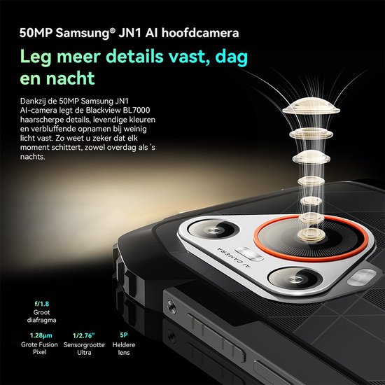 50MP Samsung JN1 AI hoofdcamera van de Blackview BL7000, met weergave van lensstructuur.