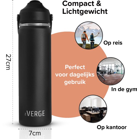 The Verge® - Luxe RVS Drinkfles 650 ML met Rietje voor Volwassenen en Kinderen – Bidon – Thermosfles - 24 uur koud/12 uur warm – Waterfles met Dubbelwandige isolatie - Met 2 Doppen - Zwart